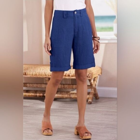 SOFT SURROUNDINGS Whispering Palms Blue Gauze Shorts - Size Large - Picture 1 of 10